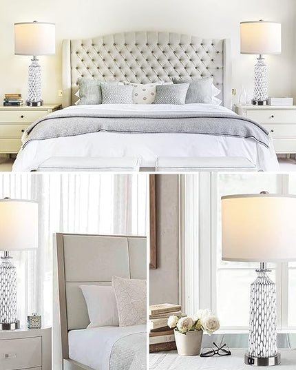 QiMH Table Lamp for Living Room,Bedside Lamps for Bedroom Set of 2 with USB Ports,3-Way Dimmable Touch Control, Modern Coastal White Grey Resin Nightstand Lamp(with 2700K LED Bulbs) - LeafyLoom