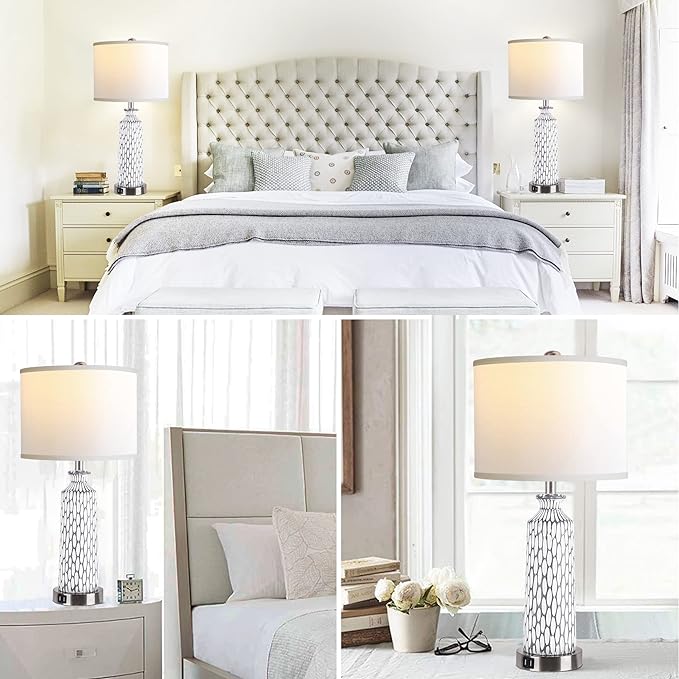 QiMH Table Lamp for Living Room,Bedside Lamps for Bedroom Set of 2 with USB Ports,3-Way Dimmable Touch Control, Modern Coastal White Grey Resin Nightstand Lamp(with 2700K LED Bulbs) - LeafyLoom