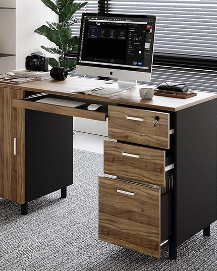 Modern Design By Crafts & comfort Venice Computer Desk - Office Desk with 3 Drawers & CPU Storage Cabinet - Laptop Workstation with Keyboard Tray & Cable Hole - Home & Office Supplies -Cass/black - LeafyLoom