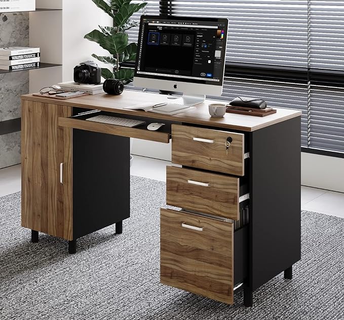 Modern Design By Crafts & comfort Venice Computer Desk - Office Desk with 3 Drawers & CPU Storage Cabinet - Laptop Workstation with Keyboard Tray & Cable Hole - Home & Office Supplies -Cass/black - LeafyLoom