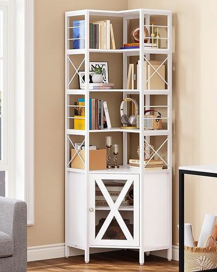 YITAHOME Corner Bookshelf with Storage, 7-Tier Corner Shelf with Doors, Large Corner Bookcase Display Rack for Living Room Bedroom Home Office, White - LeafyLoom
