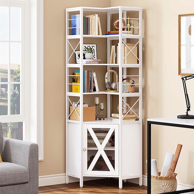 YITAHOME Corner Bookshelf with Storage, 7-Tier Corner Shelf with Doors, Large Corner Bookcase Display Rack for Living Room Bedroom Home Office, White - LeafyLoom