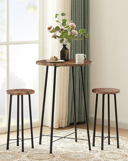 VECELO Small Bar Table and Chairs, Round Bistro Sets with 2 barstools, 3-Piece Pub Dining Furniture, Counter Height Wood Top for Breakfast Dinner Coffee Nap Conference, Easy Assembly, Brown - LeafyLoom