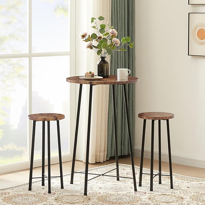 VECELO Small Bar Table and Chairs, Round Bistro Sets with 2 barstools, 3-Piece Pub Dining Furniture, Counter Height Wood Top for Breakfast Dinner Coffee Nap Conference, Easy Assembly, Brown - LeafyLoom