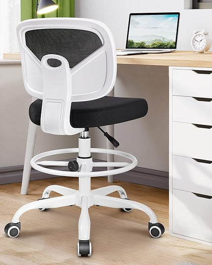 Primy Office Drafting Chair Armless, Tall Office Desk Chair Adjustable Height and Footring, Mid-back Ergonomic Standing Desk Chair Mesh Rolling Tall Chair for Art Room, Office or Home(White) - LeafyLoom