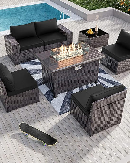 Kullavik 7 Pieces Outdoor Patio Furniture Set with 43" 55000BTU Gas Propane Fire Pit Table PE Wicker Rattan Sectional Sofa Patio Conversation Sets - LeafyLoom