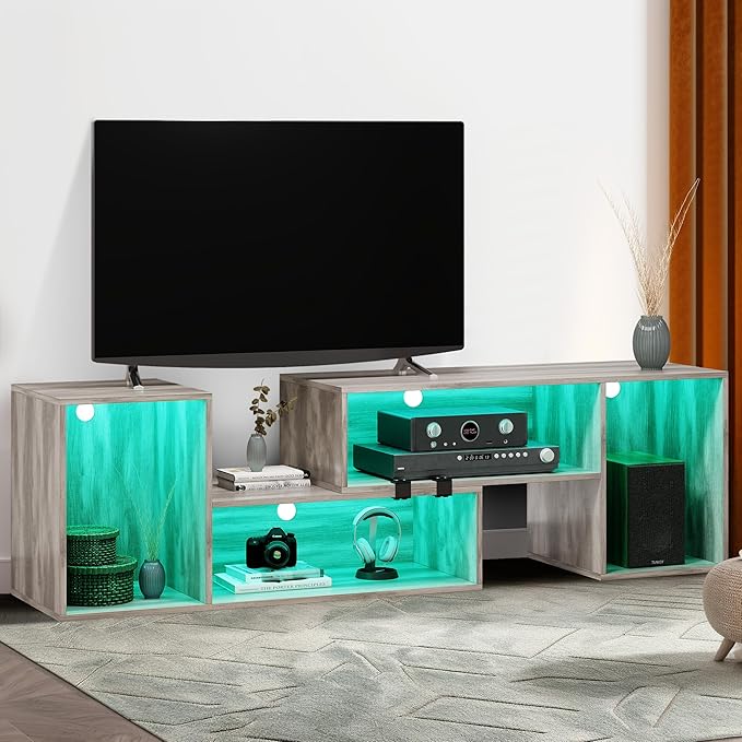 YITAHOME DIY TV Stand w/LED Strip, Modern Deformable Entertainment Center for 75/70/65/60/55/50/45 inch TVs, Gaming TV Consoles 2 Pieces Media Console for 300lbs for Living Room, Light Oak Grey - LeafyLoom