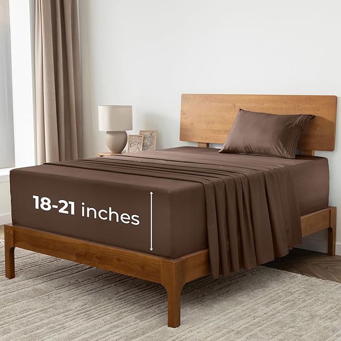 Mellanni Extra Deep Twin Sheets - 3 PC Iconic Collection Bedding Sheets & Pillowcases - Hotel Luxury, Ultra Soft, Cooling Bed Sheets - Extra Deep Pocket up to 21 inch (Twin, Brown) - LeafyLoom