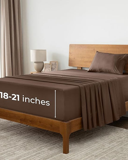 Mellanni Extra Deep Twin XL Sheets - 3 PC Iconic Collection Bedding Sheets & Pillowcases - Hotel Luxury, Ultra Soft, Cooling Bed Sheets - Extra Deep Pocket up to 21 inch (Twin Extra Long, Brown) - LeafyLoom