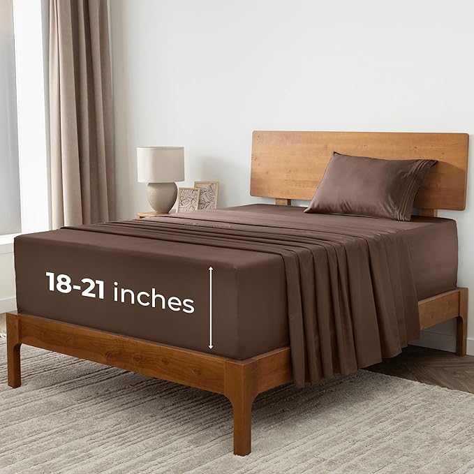 Mellanni Extra Deep Twin XL Sheets - 3 PC Iconic Collection Bedding Sheets & Pillowcases - Hotel Luxury, Ultra Soft, Cooling Bed Sheets - Extra Deep Pocket up to 21 inch (Twin Extra Long, Brown) - LeafyLoom