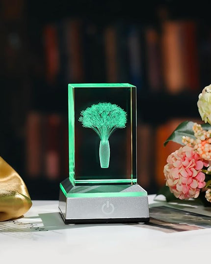 3D Crystal Babys Breath with Colorful Light Base Laser Engraved- Fake Baby Breath Flowers Figurines Statue Laser Engraved - Baby's Breath Room Party Classroom Nature Decor Birthday Mothers Day Valenti - LeafyLoom
