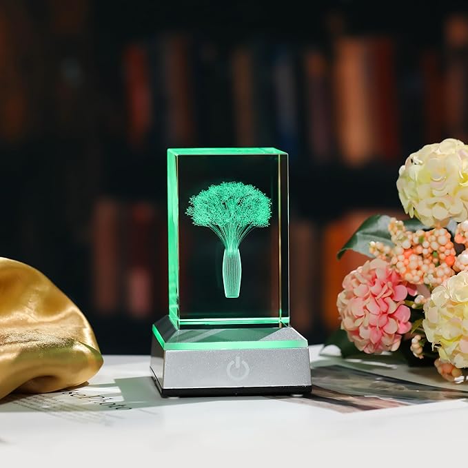 3D Crystal Babys Breath with Colorful Light Base Laser Engraved- Fake Baby Breath Flowers Figurines Statue Laser Engraved - Baby's Breath Room Party Classroom Nature Decor Birthday Mothers Day Valenti - LeafyLoom