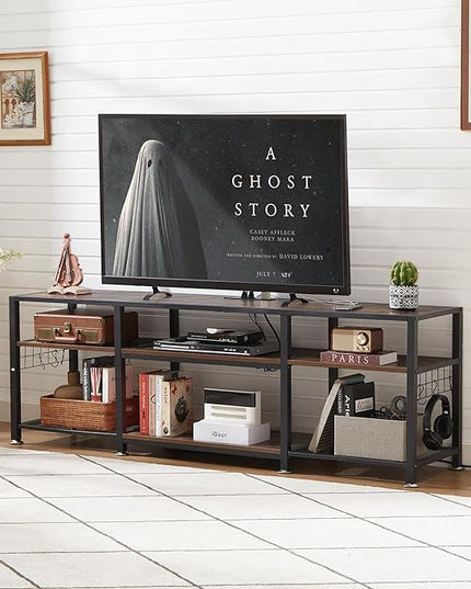VECELO TV Stand with Power Outlets for Televisions Up to 75 Inch, Industrial Entertainment Center with 3-Tier Open Storage Shelves & 6 Hooks for Living, Bedroom and Gaming Room, 70 Inch, Brown - LeafyLoom