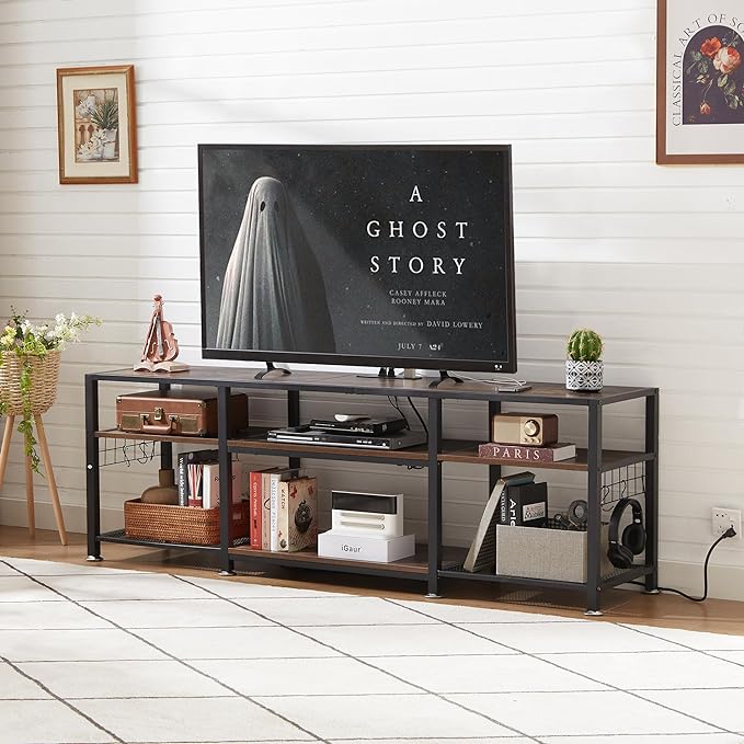 VECELO TV Stand with Power Outlets for Televisions Up to 75 Inch, Industrial Entertainment Center with 3-Tier Open Storage Shelves & 6 Hooks for Living, Bedroom and Gaming Room, 70 Inch, Brown - LeafyLoom