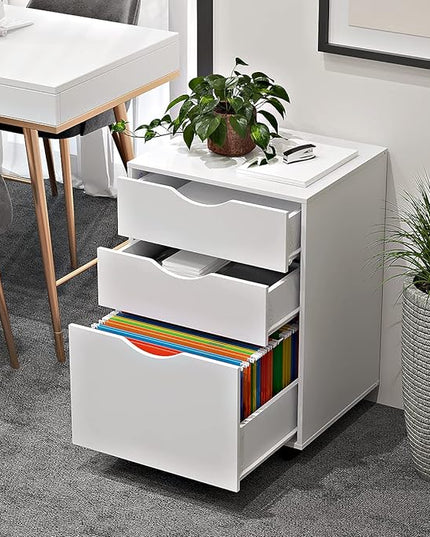 3 Drawers Storage Cabinet, Wooden Mobile Filing Cabinet for Mini Printer Stand, with Lockable Casters, for Home Office (3-Drawers, White) - LeafyLoom