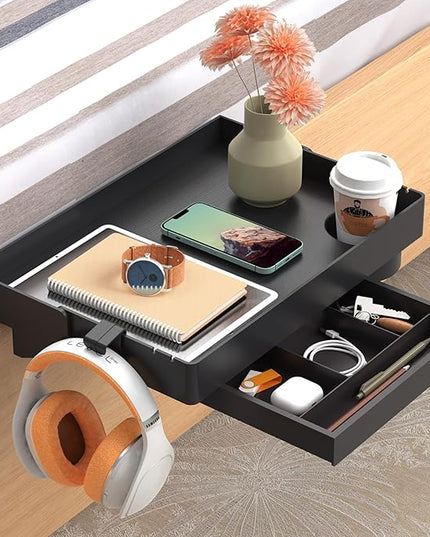 SPACELEAD Bedside Shelf for Bed – College Dorm Room Clip On Nightstand with Cup Holder & Cord Holder&Drawer – Bunk Bed Shelf for Organizer Top for Bedroom (Black，Plastic) - LeafyLoom
