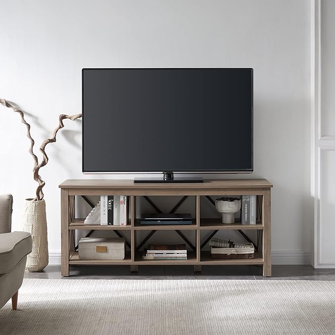 Henn&Hart Rectangular TV Stand for TV's up to 65" in Antiqued Gray Oak, TV Stands for the Living Room - LeafyLoom