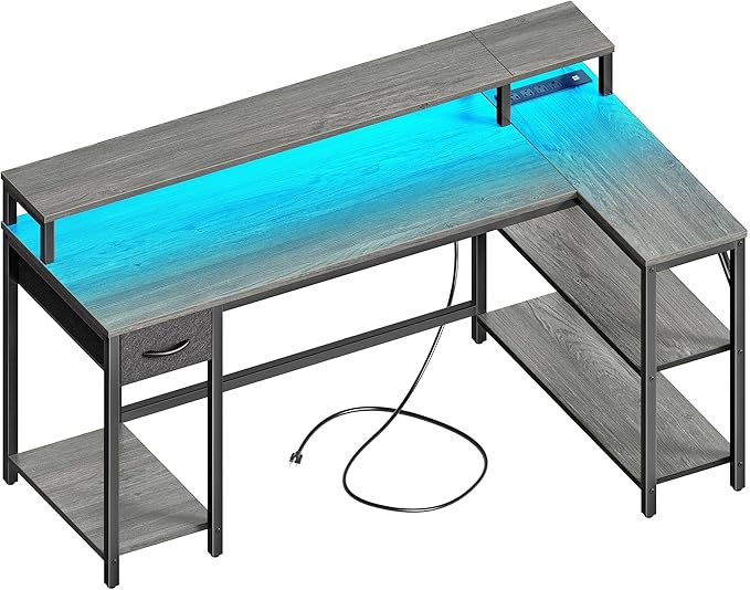 SUPERJARE 53 inch Reversible L Shaped Desk with LED Lights & Power Outlets, Computer Desk with Shelves & Monitor Stand, Gaming Desk with Drawer, Home Office Desk Corner Desk, Grey - LeafyLoom