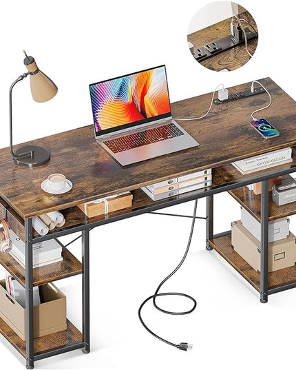 AODK 48 Inch Small Computer Desk with Power Outlets & Type-C, Writing Desk with Storage Shelves Headphone Hook, Student Laptop PC Desks for Small Spaces Home Office, Vintage - LeafyLoom