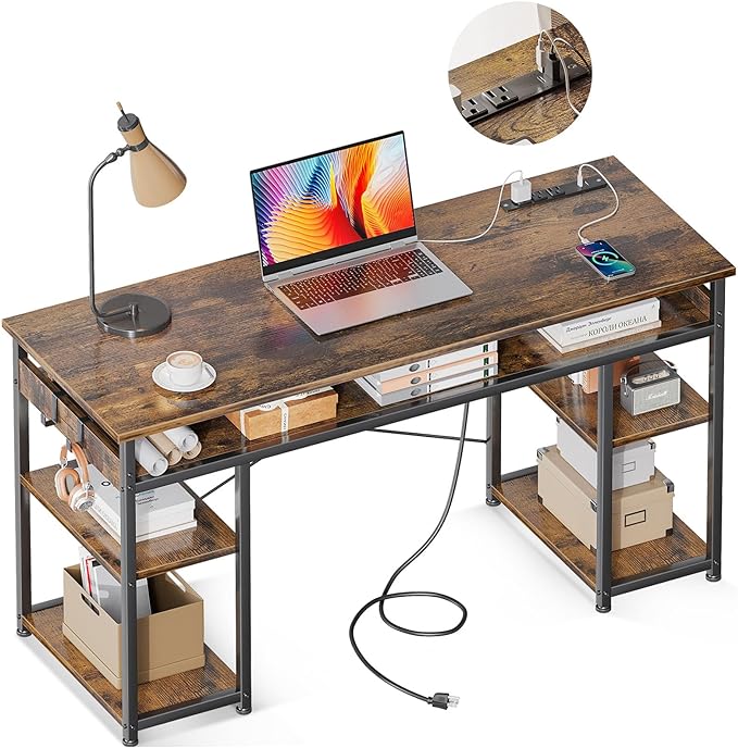 AODK 48 Inch Small Computer Desk with Power Outlets & Type-C, Writing Desk with Storage Shelves Headphone Hook, Student Laptop PC Desks for Small Spaces Home Office, Vintage - LeafyLoom