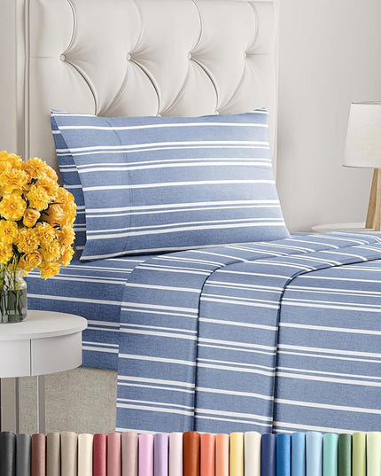 Twin Size 3 Piece Sheet Set - Comfy Breathable & Cooling Sheets - Hotel Luxury Bed Sheets for Women & Men - Deep Pockets, Easy-Fit, Soft & Wrinkle Free Sheets - Blue Stripes Oeko-Tex Bed Sheet Set - LeafyLoom