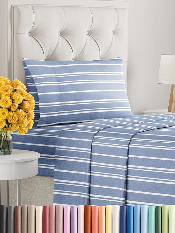 Twin Size 3 Piece Sheet Set - Comfy Breathable & Cooling Sheets - Hotel Luxury Bed Sheets for Women & Men - Deep Pockets, Easy-Fit, Soft & Wrinkle Free Sheets - Blue Stripes Oeko-Tex Bed Sheet Set - LeafyLoom