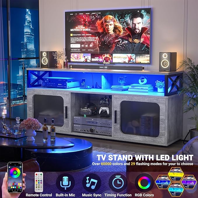 Aheaplus TV Stand for 55 60 Inch TV, Entertainment Center with LED Light & Charging Station, TV Console Table, Large Media Console Cabinet w/Soundbar Shelf, for Living Room, Bedroom, White Oak - LeafyLoom