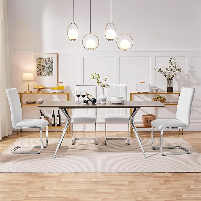 Yaheetech Dining Chairs Set of 2 Modern Dining Room Chairs Kitchen Chairs with Faux Leather Seat, Metal Legs and High Back for Dining Room, Kitchen, White - LeafyLoom