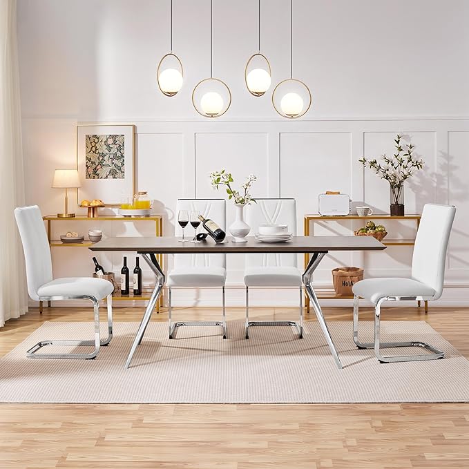 Yaheetech Dining Chairs Set of 4 Modern Dining Room Chairs Kitchen Chairs with Faux Leather Seat, Solid Legs and High Back for Dining Room, Kitchen, White - LeafyLoom
