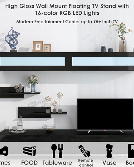 NicBex Wall Mount Floating TV Stand for 95+ Inch TV LED Entertainment Center Media Storage Console Table with 4 Media Storage Cabinets and 2 Shelves for Living Room,Bedroom, 95 Inch,Black - LeafyLoom