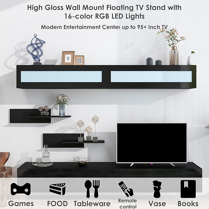 NicBex Wall Mount Floating TV Stand for 95+ Inch TV LED Entertainment Center Media Storage Console Table with 4 Media Storage Cabinets and 2 Shelves for Living Room,Bedroom, 95 Inch,Black - LeafyLoom
