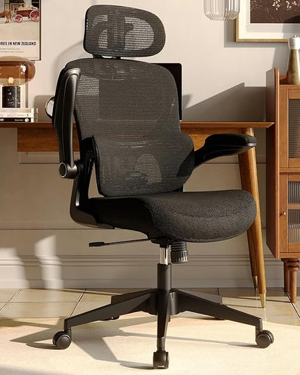 Ergonomic Mesh Office Chair, High Back Desk Chair with Adjustable Lumbar Support, Flip-Up Armrests, Headrest, Swivel Rolling Wheel, Comfy Computer Gaming Task Chairs for Adults Students (Black) - LeafyLoom