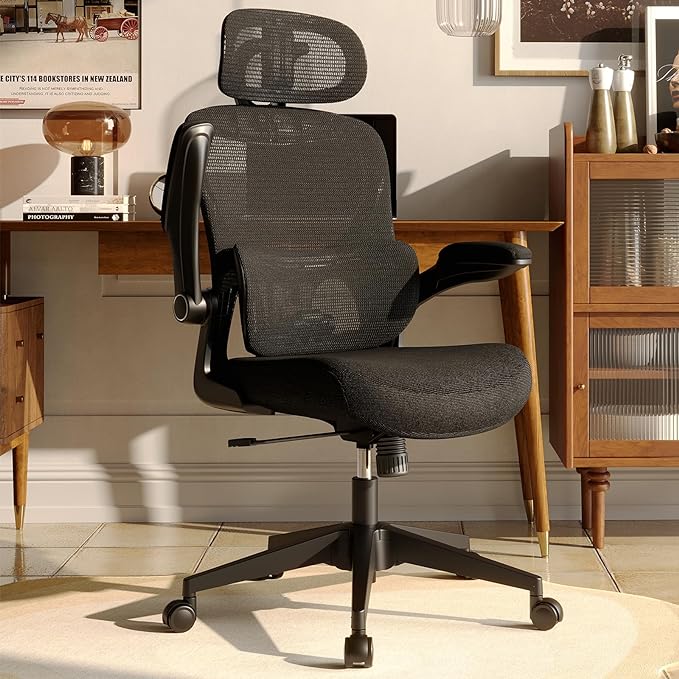 Ergonomic Mesh Office Chair, High Back Desk Chair with Adjustable Lumbar Support, Flip-Up Armrests, Headrest, Swivel Rolling Wheel, Comfy Computer Gaming Task Chairs for Adults Students (Black) - LeafyLoom