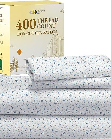 California Design Den Floral Sheets Pattern Twin Sheet Set, Luxury 400 Thread Count 100% Cotton Sheets, (Blooming Meadows) - LeafyLoom