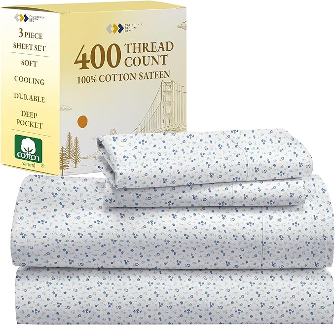California Design Den Floral Sheets Pattern Twin-XL Sheet Set, Luxury 400 Thread Count 100% Cotton Sheets, (Blooming Meadows) - LeafyLoom