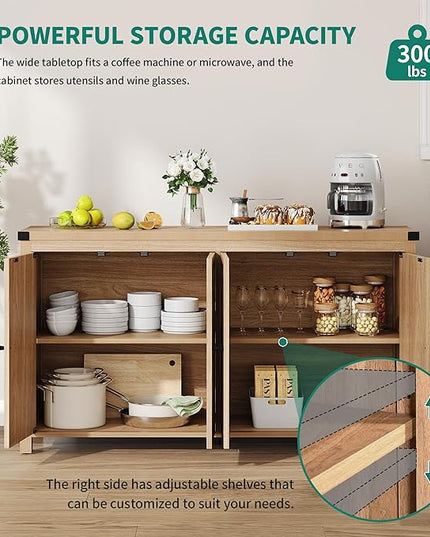 YITAHOME Farmhouse Sideboard Buffet Cabinet with Storage with 4 Doors, 55'' Large Kitchen Storage Cabinet, Wood Coffee Bar Cabinet with Adjustable Shelf for Kitchen, Living Room, Oak - LeafyLoom