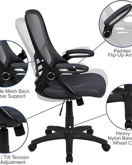 Flash Furniture Porter High-Back Swivel Office Chair with Adjustable Lumbar Support and Seat Height, Ergonomic Mesh Desk Chair with Flip-Up Armrests, Black - LeafyLoom