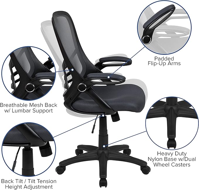 Flash Furniture Porter High-Back Swivel Office Chair with Adjustable Lumbar Support and Seat Height, Ergonomic Mesh Desk Chair with Flip-Up Armrests, Black - LeafyLoom