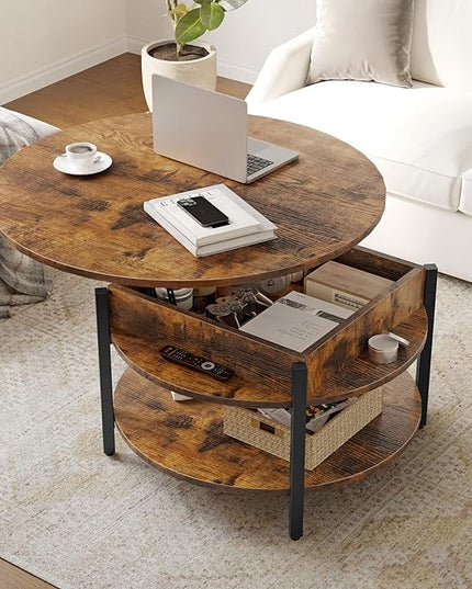 FABATO Round Lift Top Coffee Table for Living Room, 35.43'' Round Coffee Table with Storage and Hidden Compartment, 2 Tier Large Farmhouse Coffee Table Round Dining Table, Rustic Brown - LeafyLoom