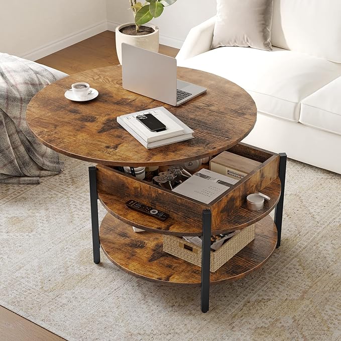 FABATO Round Lift Top Coffee Table for Living Room, 35.43'' Round Coffee Table with Storage and Hidden Compartment, 2 Tier Large Farmhouse Coffee Table Round Dining Table, Rustic Brown - LeafyLoom
