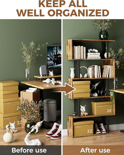 Gadroad 5-Tier Geometric Bookcase,S Shaped Bookshelf, Wood Decorative Storage Shelving, Modern Freestanding Display Shelves, Tall Book Shelf Unit for Living Room Bedroom, Rustic Brown - LeafyLoom