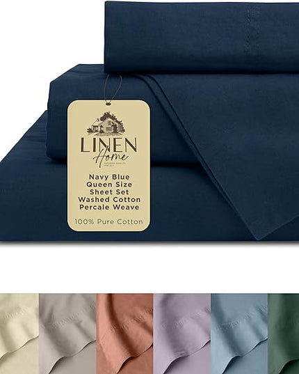 Linen Home Washed Cotton Percale Queen Sheet Set, Navy Blue, Deep Pocket, 4 Pieces Bed Sheets - 1 Flat Sheet, 1 Fitted Sheet & 2 Envelope Closure Pillowcases, Cool and Comfortable Bed Linen - LeafyLoom