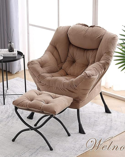 Welnow Lazy Chair with Ottoman, Modern Lounge Accent Chair with Armrests and a Side Pocket, Leisure Sofa Chair Set, Reading Chair with Footrest for Small Space, Corner Chair, Dark Brown - LeafyLoom