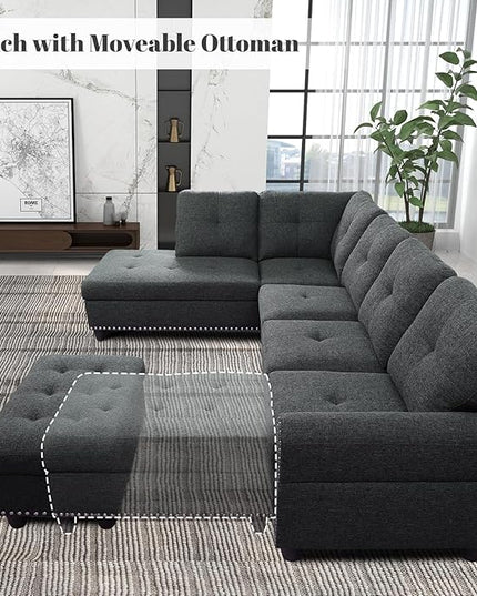 L Shaped Sectional Couch with Ottoman and Pillows 2 Cup Holders Design Living Room Furniture Sets for Apartment, Office, Dark Gray - LeafyLoom