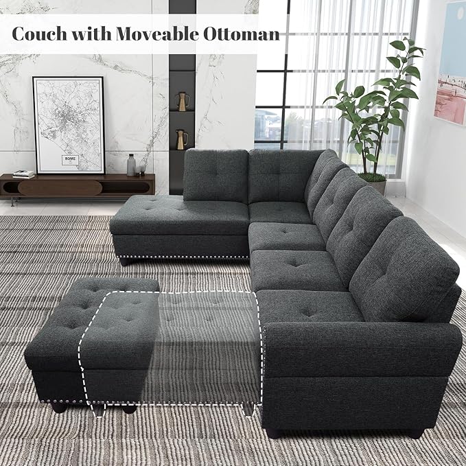 L Shaped Sectional Couch with Ottoman and Pillows 2 Cup Holders Design Living Room Furniture Sets for Apartment, Office, Dark Gray - LeafyLoom