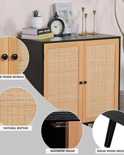 Sideboard Buffet Cabinet,Accent Kithchen Storage Cabinet with Rattan Doors,Wood Cupboard Console Table with Adjustable Shelves for Living Room, Black - LeafyLoom
