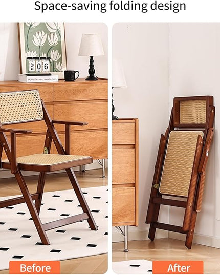 Rattan Folding Dining Chairs Set of 2, Modern Mid Century Dining Chairs with Arms, Outdoor Bamboo Chairs for Bedroom, Living Room, Reading Room, Walnut - LeafyLoom