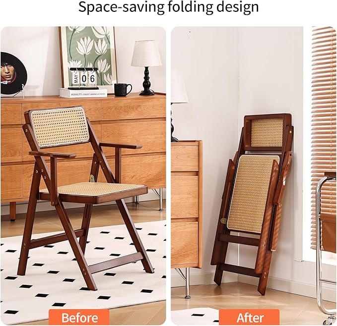 Rattan Folding Dining Chairs Set of 2, Modern Mid Century Dining Chairs with Arms, Outdoor Bamboo Chairs for Bedroom, Living Room, Reading Room, Walnut - LeafyLoom