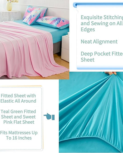RYNGHIPY Mermaid Full Girls Bedding Set, Colorful Rainbow Kids Girls Comforter Set with Sheets Soft and Lightweight, 6 Pieces Teen Girls Bed in a Bag - LeafyLoom