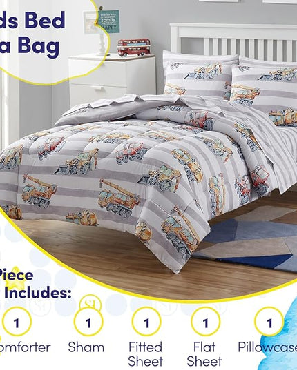 Kids Bedding Set Bed in a Bag for Boys and Girls Toddlers Printed Sheet Set and Comforter , Twin, Trucks - LeafyLoom